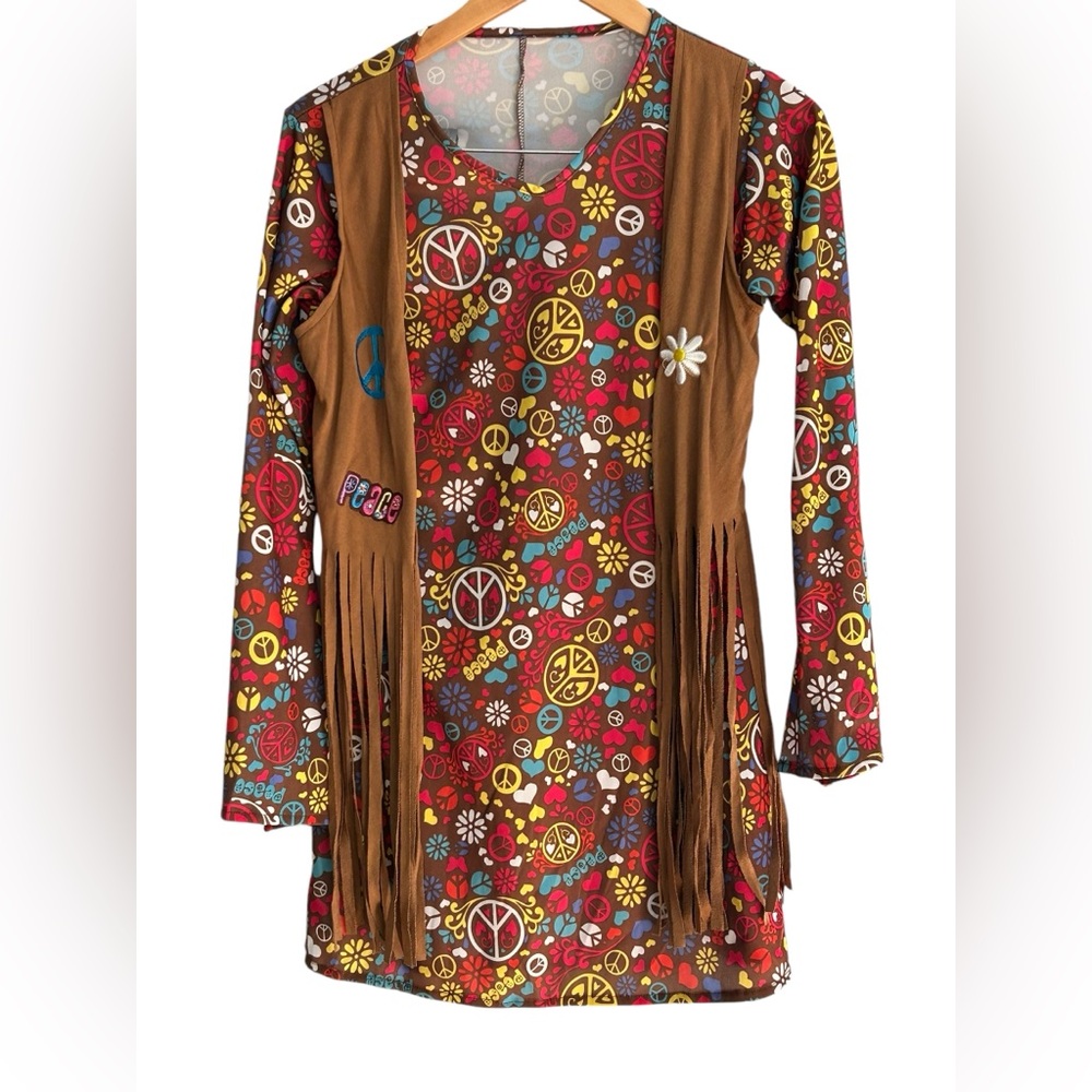 Boho Hippie dress W/Vest Love Peace Flower Child Women's Halloween Size medium
